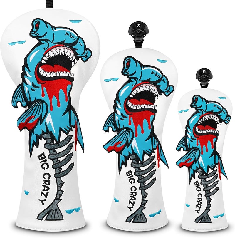 Big Crazy Golf Head Covers, Golf Club Covers Funny, Driver Headcovers, Golf Club Covers, Fairway Woods Head Covers, Hybrids Headcover, Putter Cover with Soft Lining for Golf Gift Hammerhead Sharks - Image 1